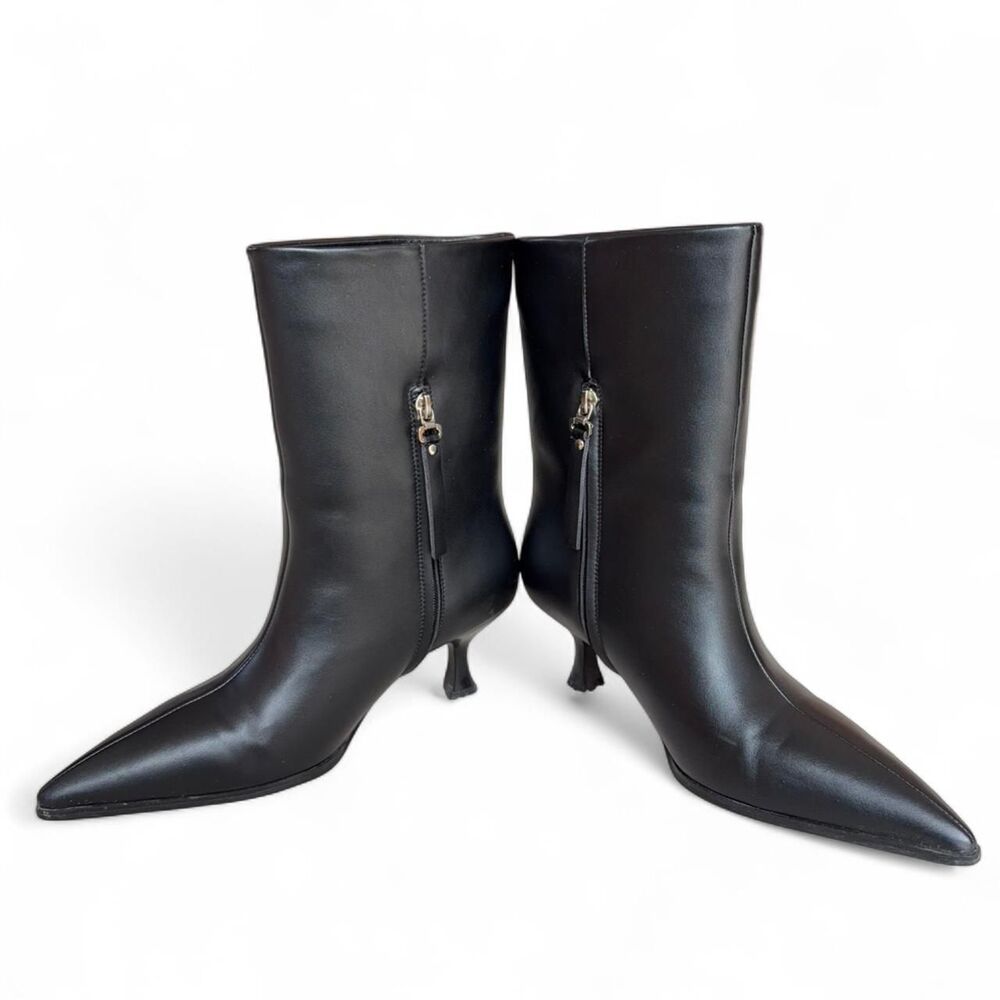 Black Faux Leather Pointed Kitten Heel Booties Size 7